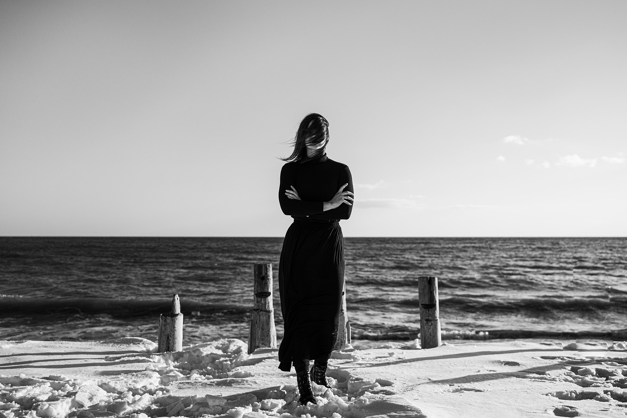 woman, sea, snow